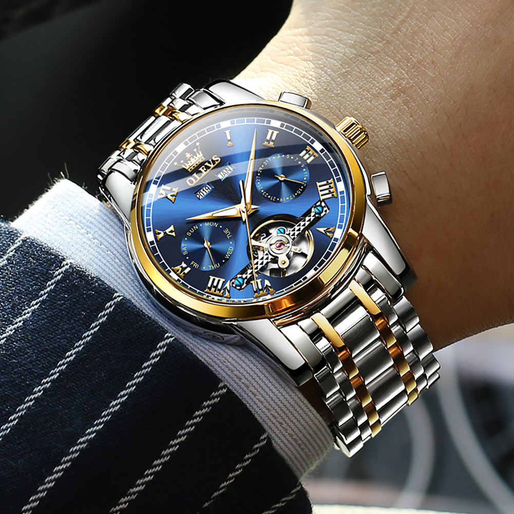 OLVES Automatic Mechanical Business Watch with Calendar. Stainless Steel. and Waterproof Design