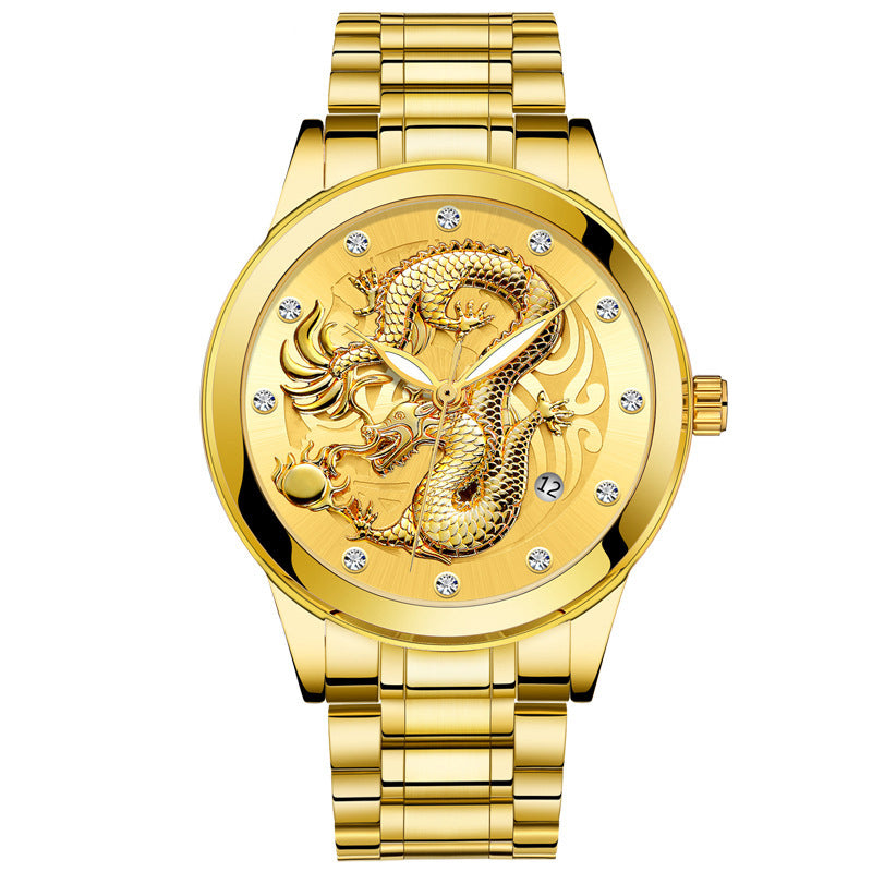 IL - Golden Stainless Steel Casual Watch Dragon Design. Waterproof. Luminous